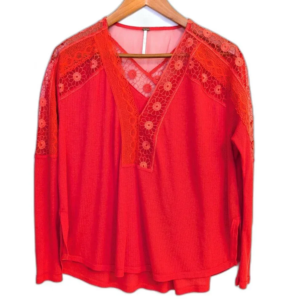 Free People | Oversized Lola Lace Long Sleeve Top in Rose Crimson | Size XS